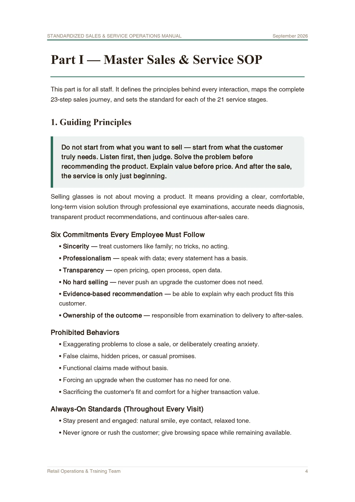 Guiding principles page from the standardized eyewear sales process SOP for optical retailers