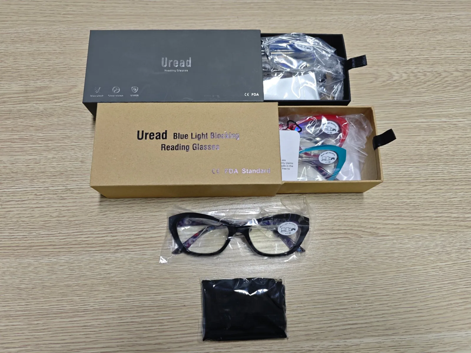 Private label sunglasses set with custom Uread brand packaging - black gift box and kraft paper box, CE FDA standard, individually bagged units