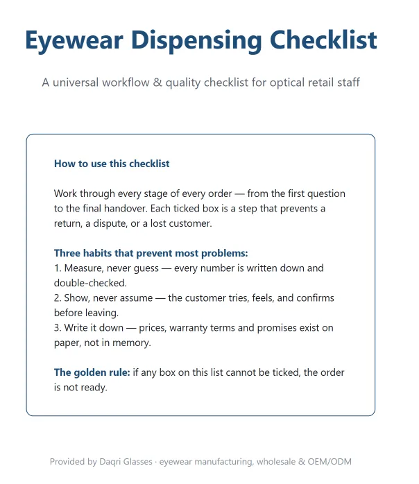 Cover of the free eyewear dispensing checklist for optical retail staff