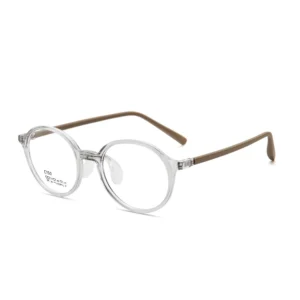 Clear Round TR Teen Eyeglass Frame, Brown Liquid Silicone Hollow Airbag Temples, Airbag Nose Pads, Lightweight Kids Prescription Optical Glasses