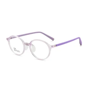 Light Purple Clear Round TR Kids Eyeglass Frame, Purple Liquid Silicone Hollow Airbag Temples, Airbag Nose Pads, Lightweight Teen Prescription Optical Glasses