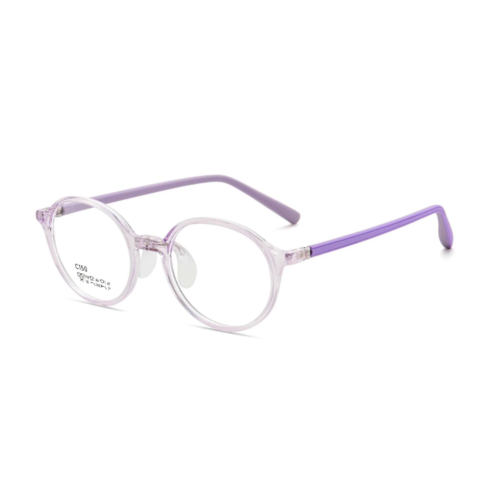 YHC-C150-4 light purple clear round TR kids eyeglass frame with purple temples