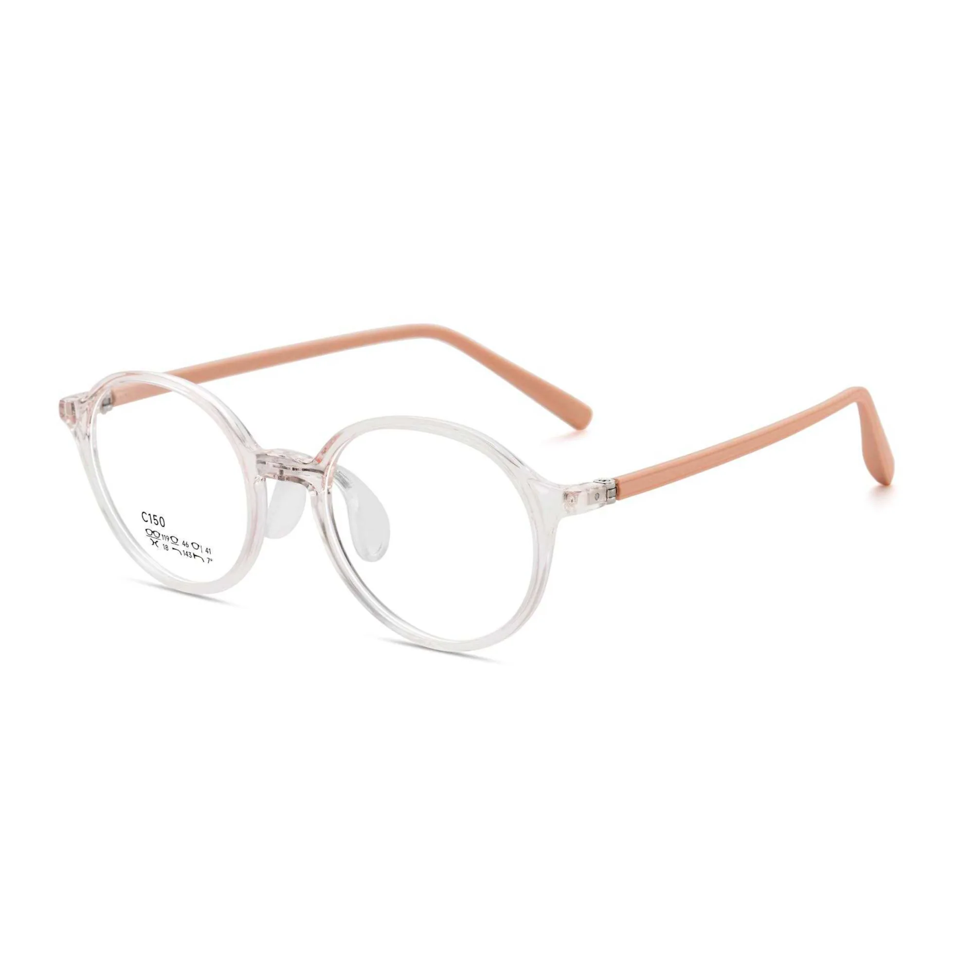 YHC-C150-6 clear round TR kids eyeglass frame with nude pink temples, alternate view