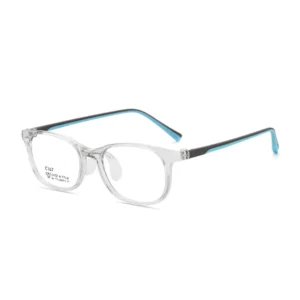 Clear Square TR Kids Eyeglass Frame, Black & Cyan Dual Color Liquid Silicone Temples, Airbag Nose Pads, Lightweight Teen Prescription Optical Glasses