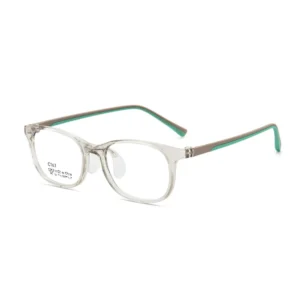 Light Gray Transparent Square TR Kids Eyeglass Frame, Grey & Green Dual Color Liquid Silicone Temples, Airbag Nose Pads, Lightweight Teen Prescription Optical Glasses