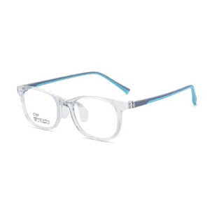 Clear Square TR Kids Eyeglass Frame, Grey & Blue Dual Color Liquid Silicone Temples, Airbag Nose Pads, Lightweight Teen Prescription Optical Glasses