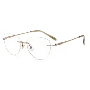 Rimless Titanium Prescription Eyewear | Elegant Curved Frameless Optical Glasses for Women, Premium Rose Gold Finish