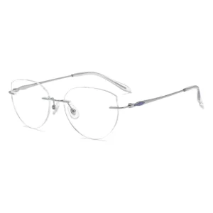 Rimless Titanium Optical Glasses | Sleek Frameless Curved Lens Eyewear with Blue Accent, Unisex Prescription Frame