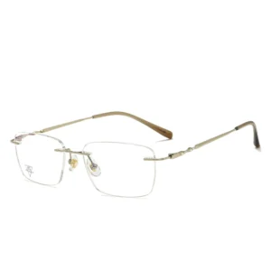 Rimless Titanium Optical Glasses | Geometric Square Frameless Prescription Eyewear, Champagne Gold Finish for Business Men & Women