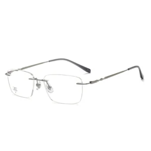 Rimless Titanium Prescription Eyeglasses | Square Frameless Optical Glasses with Twisted Temple Detail, Gunmetal Finish for Business