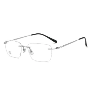 Rimless Titanium Optical Glasses | Square Frameless Prescription Eyewear with Sculpted Twisted Temples, Shiny Silver Finish for Business Unisex